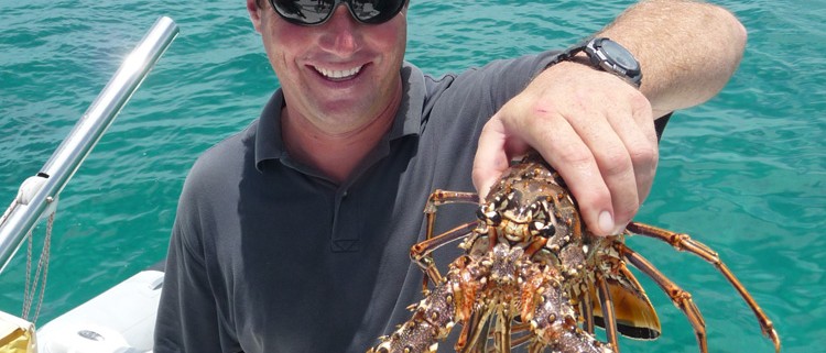 captain cliff holds lobster caught for dinner in belize