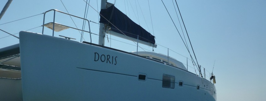 font of 50 foot yacht catamaran Doris while on charter in belize